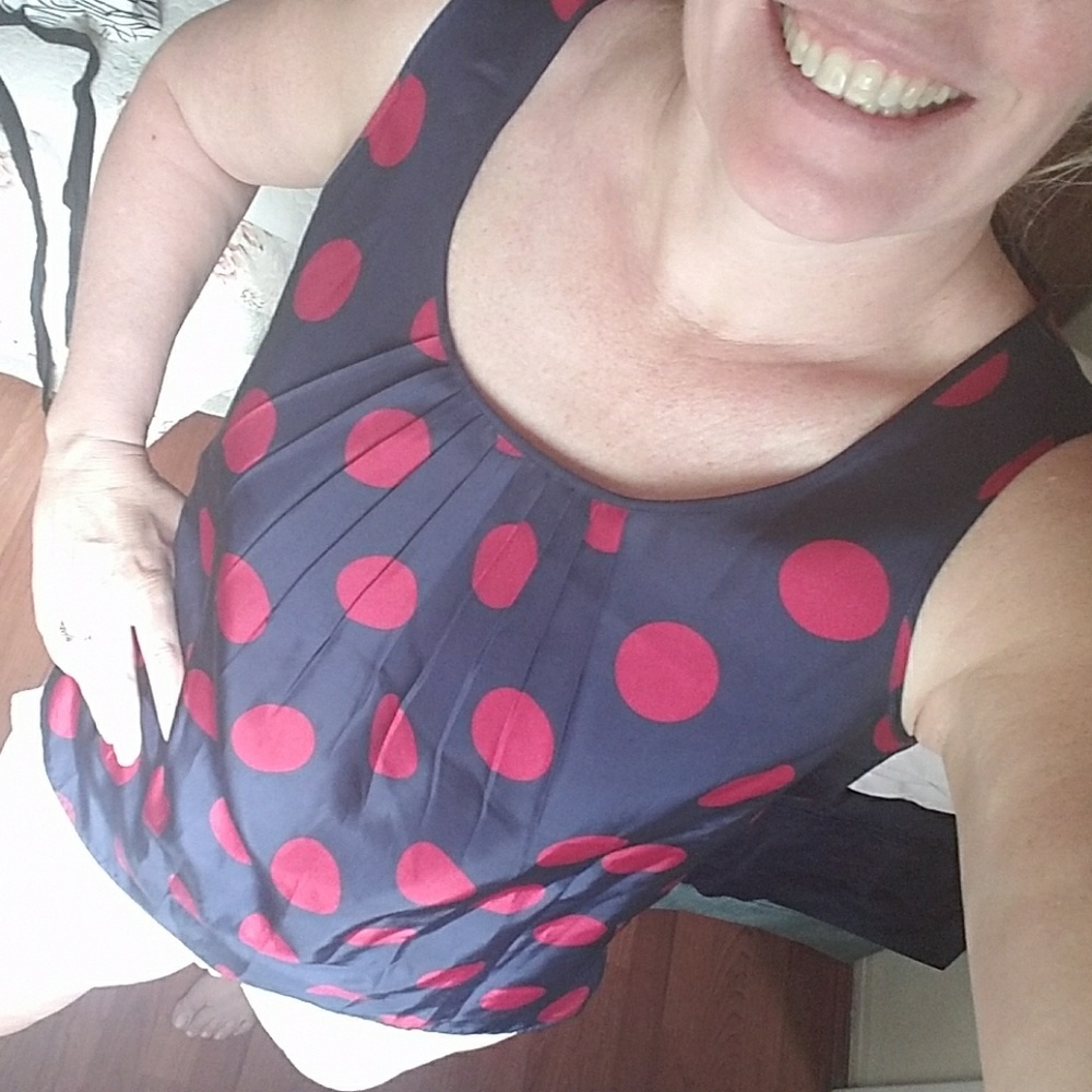 Adorable Talbots navy and red polka dot blouse